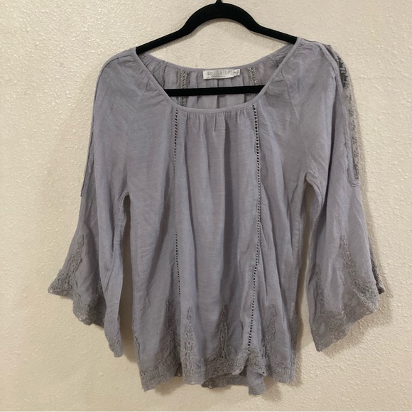 Solitaire Tops - Solitaire Women’s Top Blouse Lavender Lace Flared Sleeve Pleated 3/4 Sleeve S